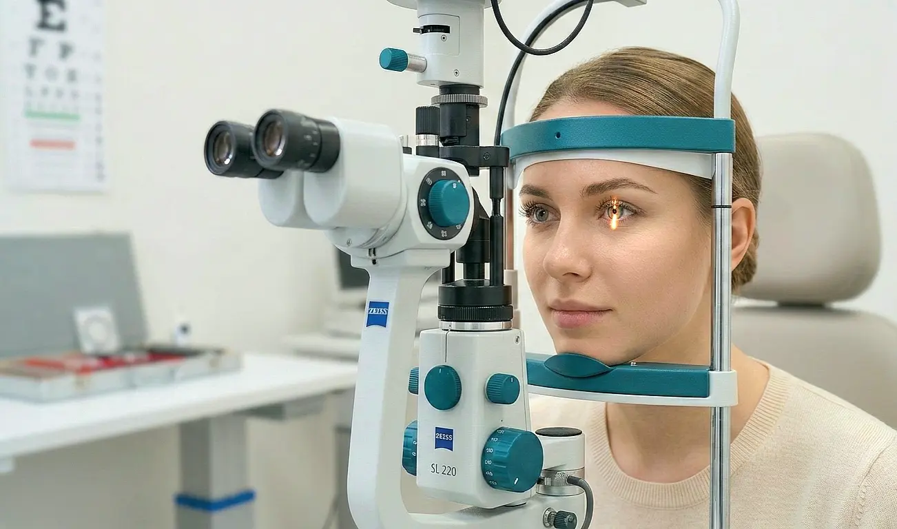 Пацієнт на обстеженні за щілинною лампою